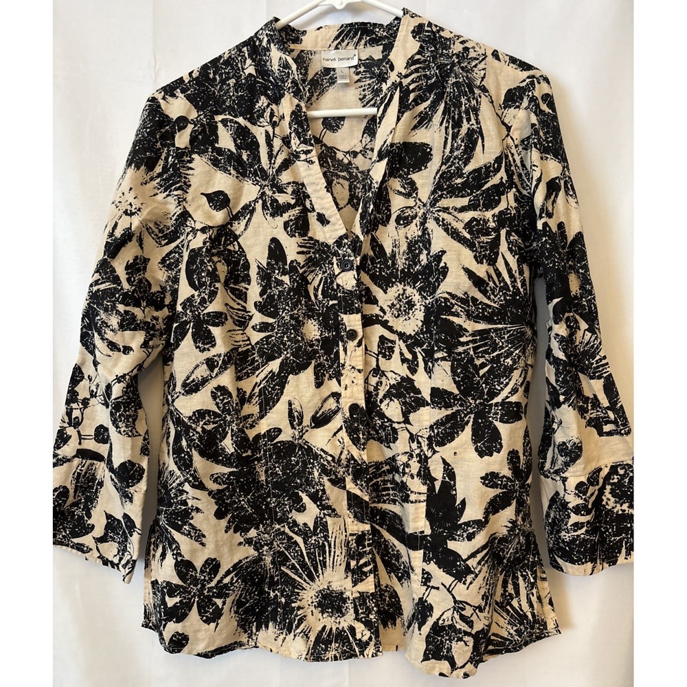 Harve Benard L Blouse Button Down 3/4 Sleeve Floral Linen Blend Coastal‎ Grandma